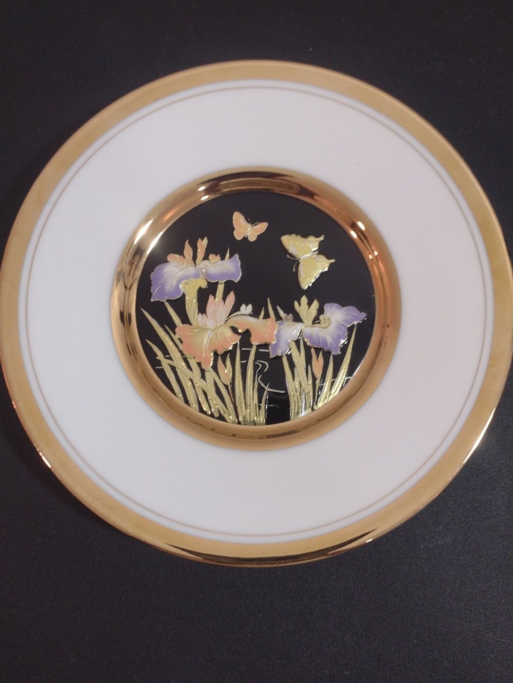 White and Gold Floral Accent Plate with Purple & Peach Blooms
